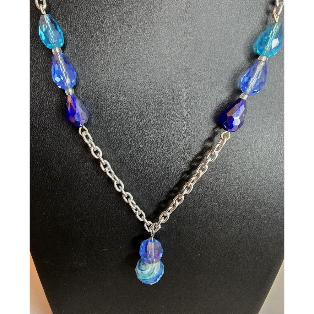 Multi Color Blue Faceted Bead Necklace Silver Tone Chain Drop Pendant Dainty 877